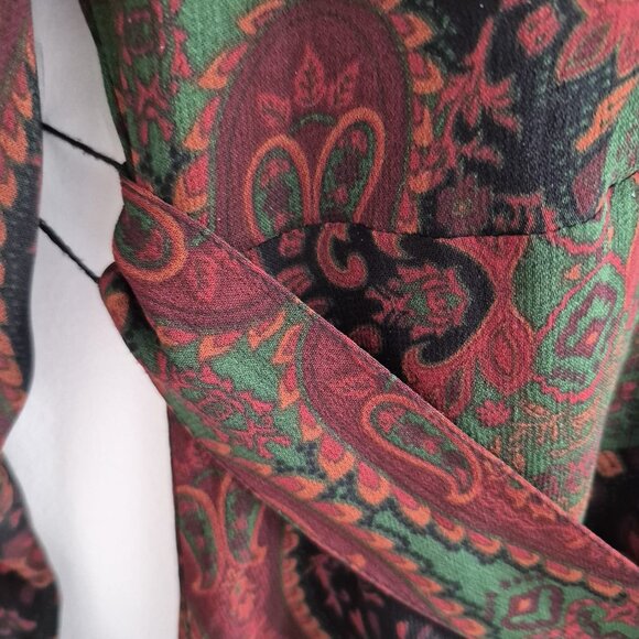 ZARA Jacquard Ribbon Dress , Long Sleeve Midi, Deep Green & Burgundy , Boho XS - Picture 7 of 15